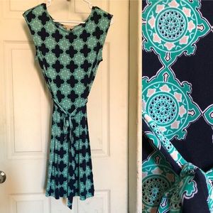 Navy Pattern sleeveless dress with wrap tie